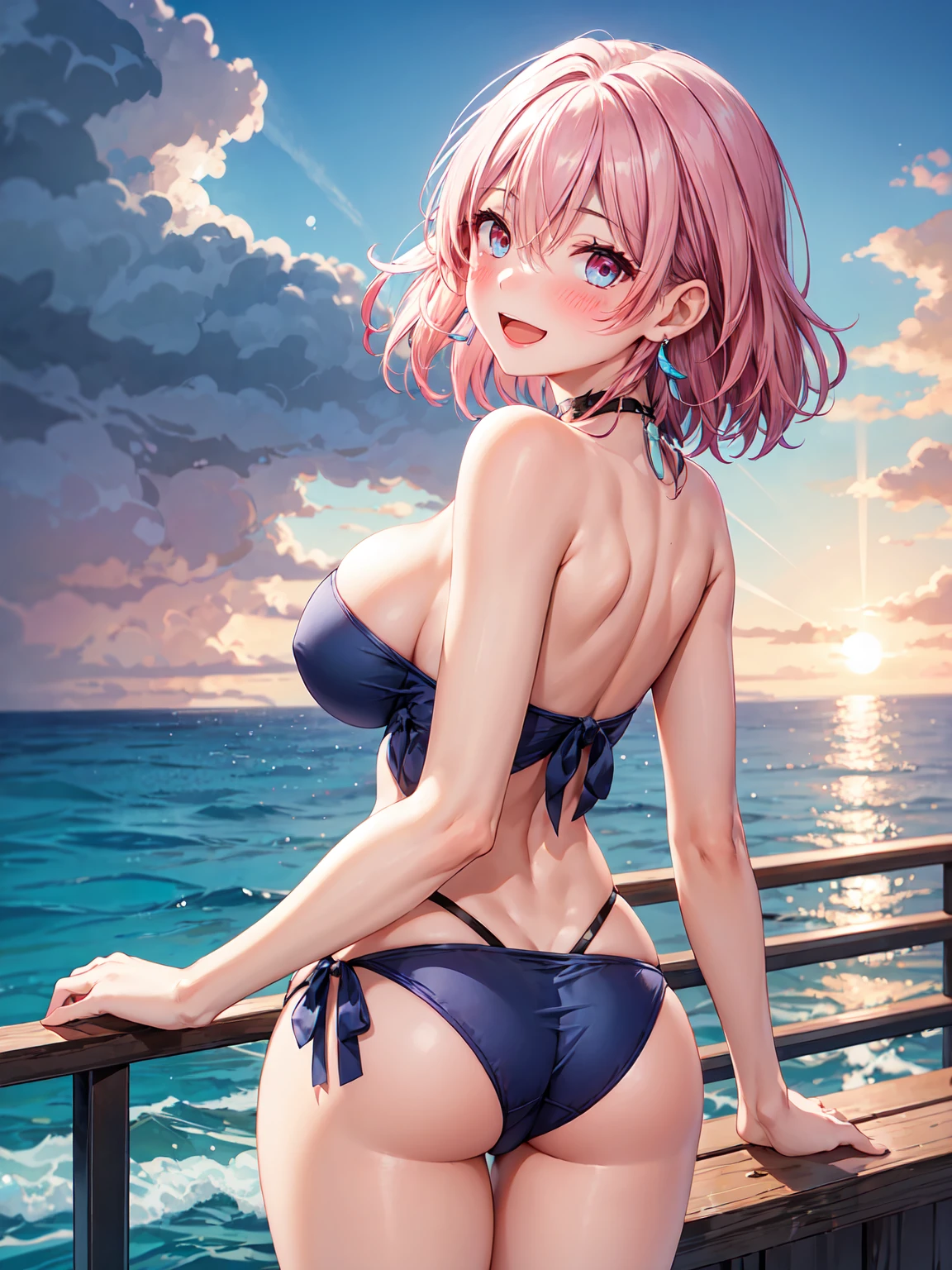 Masterpiece ,best quality , high resolution  , (1 girl solo:1.38) , (big earrings、necklace、sharp eyes、pink hair , short hair , blie eyes ,  tall, slim body) , (wear bikini , strapless , head tilt) , (cleavage:1.15) , (big breast:1.1) , (outdoor , sunset , dusk  , on neach , sea , ocean , romance light) , (standing cowboy shot) , ( full face blush , shy , smile , open mouth) , (back view , from nehind , head back , looking view)