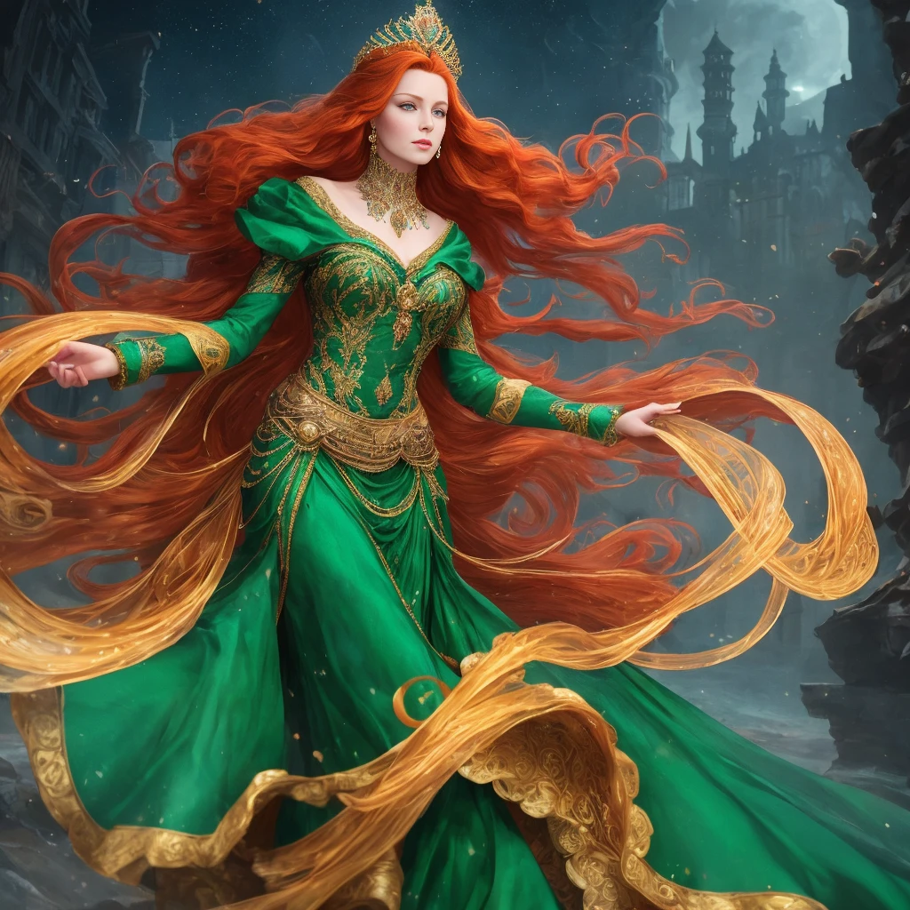 In the heart of the night, a captivating redhead woman gracefully dons the regal crown, her fiery locks cascading in waves around her. The scene is meticulously crafted by the talented digital artist, samdoesarts, using Octane, Houdini, and Visual Effects, delivering a 4K masterpiece. The detailed rendering accentuates her ethereal beauty, highlighting her alluring figure and her mesmerizing emerald green eyes. The art perfectly embodies the sensual aura that surrounds her, leaving no doubt of her royal status and enchanting charm.