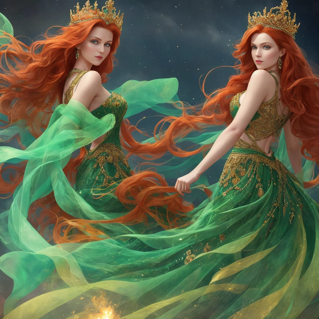 In the heart of the night, a captivating redhead woman gracefully dons the regal crown, her fiery locks cascading in waves around her. The scene is meticulously crafted by the talented digital artist, samdoesarts, using Octane, Houdini, and Visual Effects, delivering a 4K masterpiece. The detailed rendering accentuates her ethereal beauty, highlighting her alluring figure and her mesmerizing emerald green eyes. The art perfectly embodies the sensual aura that surrounds her, leaving no doubt of her royal status and enchanting charm.
