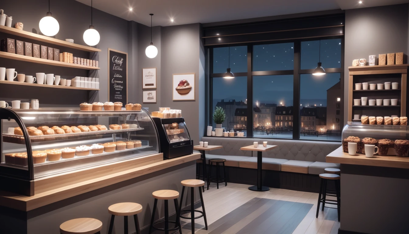 a cozy night time at a coffe interior with cozy lighting and sweets in the shelves. There are coffee cups in the tables. There is a big window in the middle of the coffeeshop and the outside view is a just an empty grey wall