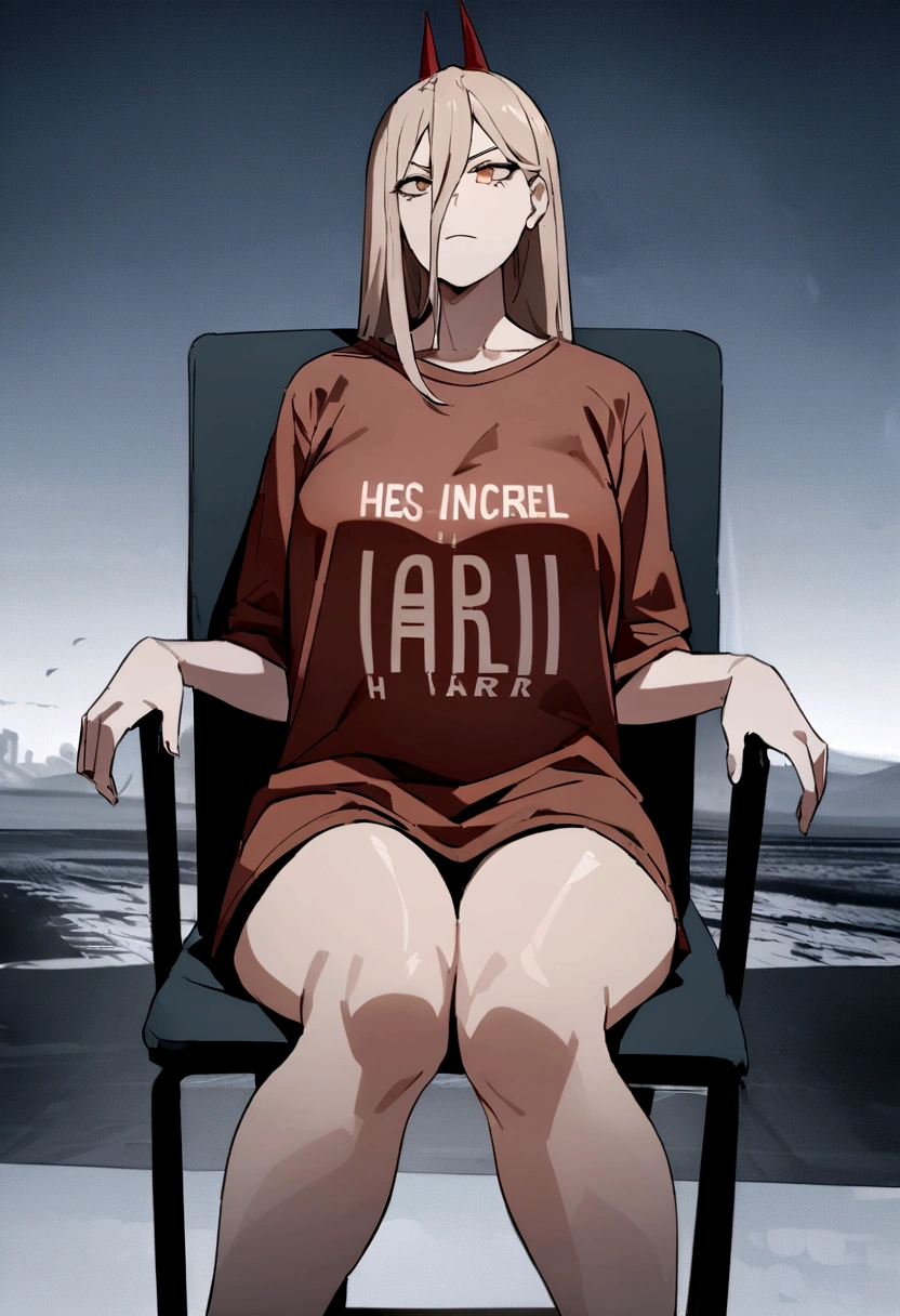 a Power,wearing a large shirt that reaches the thighs, On the shirt it says, H a r l, , sitting in a chair, with a bold face, .4K image, cinematic shadows,..