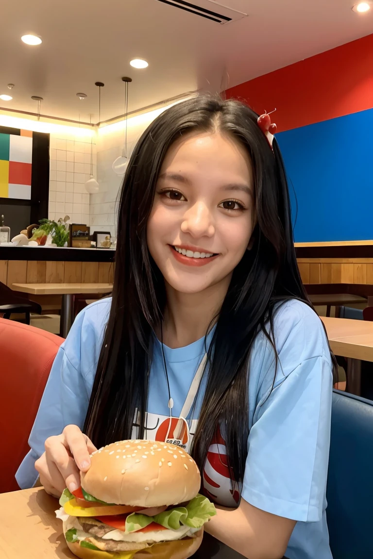 A 30-year-old Brazilian woman eating hamburger in a modern cafeteria with interior decorated in blue and red colors. He's happy, looking at the camera. Super detailed, photo.  