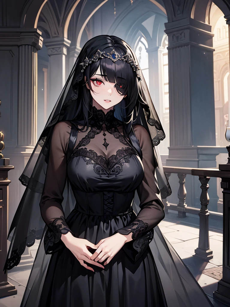 (Super detailed:1.3), ((((best quality)))), ((masterpiece)), female focus, solo,hotify, stunning beauty, powerful glow, detailed face, detailed eyes, detailed lips,castle interior background,(nighttime),moonlight,((black hair)),long hair, black mourning dress,((mourning veil)),red eyes, (pale skin:1.2),melancholic expression,straight bangs,bangs covering forehead,almond-shaped eyes,very cute face,cowboy shot, (hair over one eye),sheer sleeves