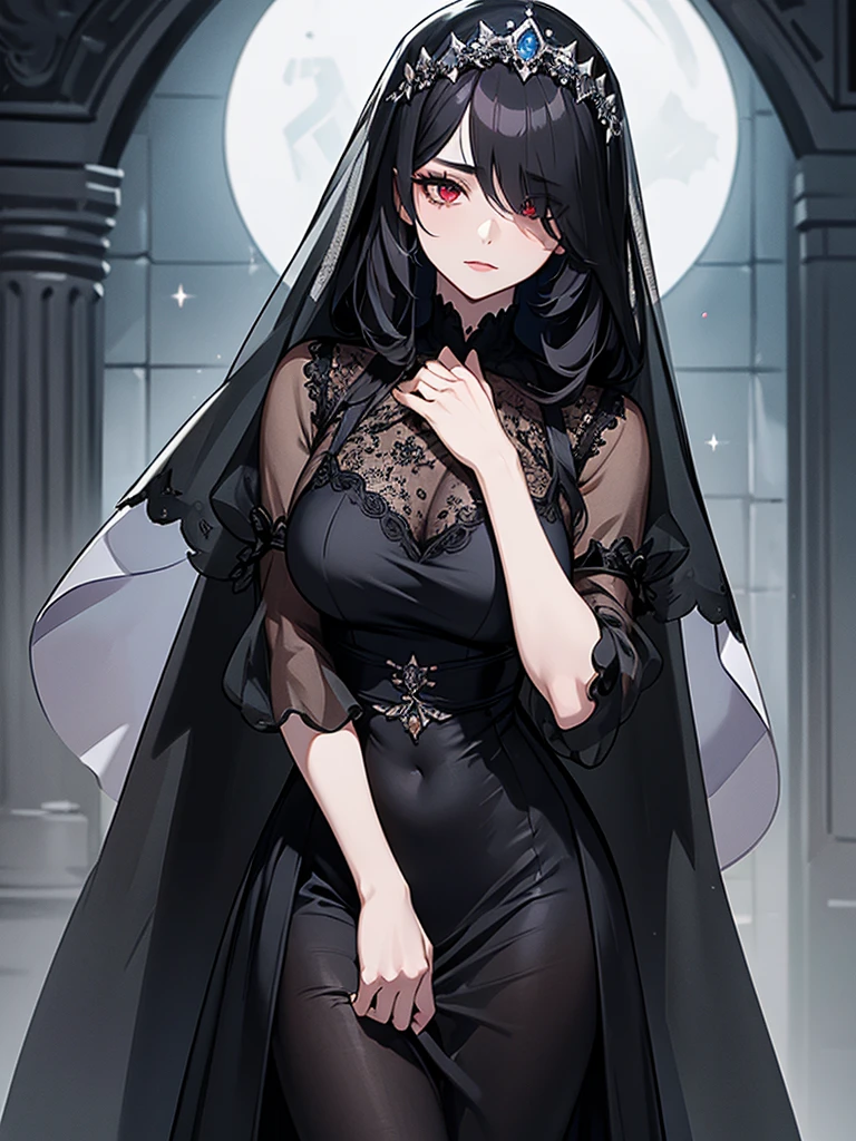 (Super detailed:1.3), ((((best quality)))), ((masterpiece)), female focus, solo,hotify, stunning beauty, powerful glow, detailed face, detailed eyes, detailed lips,castle interior background,(nighttime),moonlight,((black hair)),long hair, black mourning dress,((mourning veil)),red eyes, (pale skin:1.2),melancholic expression,straight bangs,bangs covering forehead,almond-shaped eyes,very cute face,cowboy shot, (hair over one eye),sheer sleeves