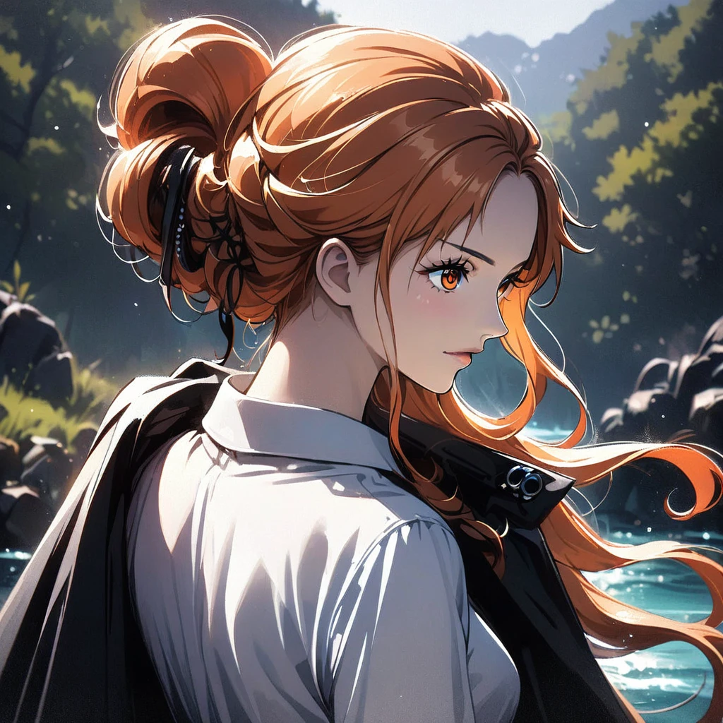 masterpiece, best quality), intricate details, 1 girl, woman, orange hair, nami \ (one piece\), (long hair), shirt, white shirt, female focus, clothes, collared shirt, pants, cape, black coat, shirt, sandals, black coat on shoulders, nature, scenery, upper body, ((front view)) ((close up shot)) ((solo)) ((Twisted Updo: Long hair twisted and pinned up into an elegant updo, often with loose tendrils)) ((nami from one piece)) ((orange eyes))