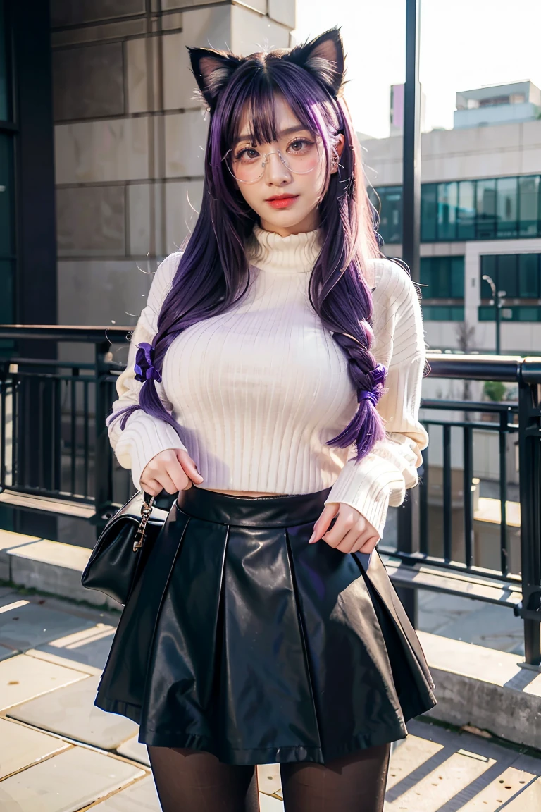 masterpiece, best quality, 1girl, ((looking at viewer)), lilac hair, purple eyes, long hair,  ahoge, sweater, sweater skirt, pantyhose, 163cm, hair between eyes, large breasts, adult, 33 years old, mature, glasses, solo, sole, smile, cat ears, cat tail, fang, catgirl, animal ears