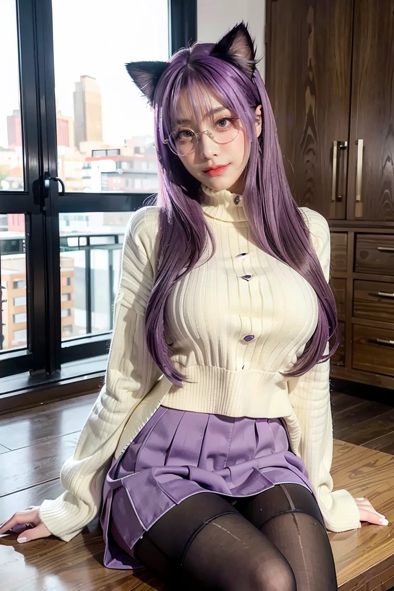 masterpiece, best quality, 1girl, ((looking at viewer)), lilac hair, purple eyes, long hair, ahoge, sweater, sweater skirt, pantyhose, 163cm, hair between eyes, large breasts, adult, 33 years old, mature, glasses, solo, sole, smile, cat ears, cat tail, fang, catgirl, animal ears