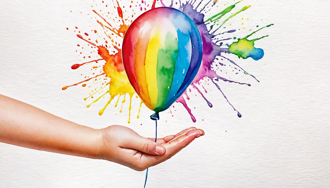there is a hand print of a child's hand with a balloon, finger painting, colourful hand drawing, painted with colour on white, water color splash, rainbow splash of ink, colorful watercolor painting, colorful watercolor, colored paint, inkblots of color, watercolor splash, rainbow colored, colorful picture, human hand, rainbow gouache, colorful paint, colorfull painting