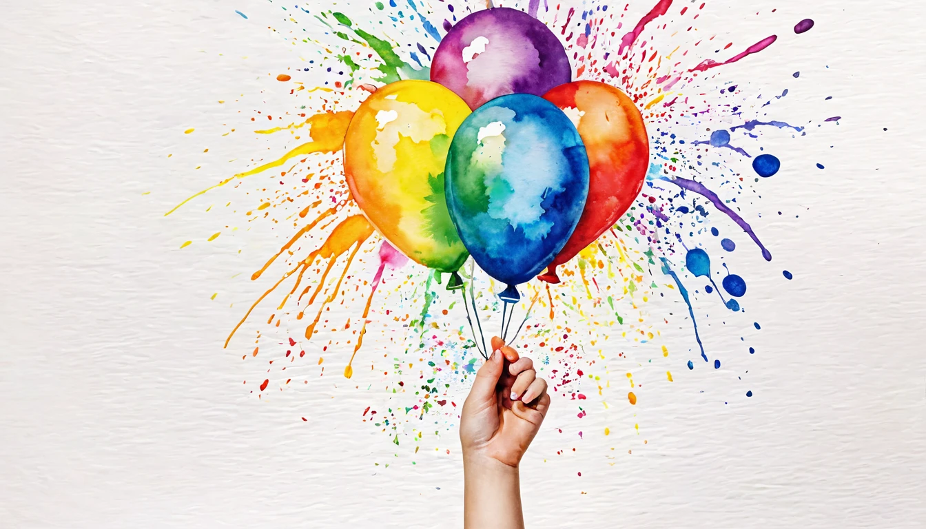 there is a hand print of a child's hand with a balloon, finger painting, colourful hand drawing, painted with colour on white, water color splash, rainbow splash of ink, colorful watercolor painting, colorful watercolor, colored paint, inkblots of color, watercolor splash, rainbow colored, colorful picture, human hand, rainbow gouache, colorful paint, colorfull painting
