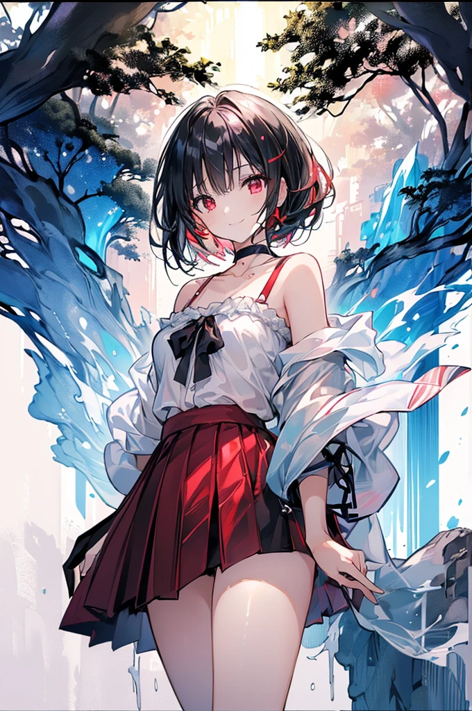 (masterpiece, highest quality, highest quality, (No text), Beautiful and aesthetic:1.2),No text,アニメ、BREAK,One Girl,Black Hair Girl short hair older sister choker Tree Eyes Beautiful eyes Red eyes cool smile Red and Black Off-the-shoulder mini skirt whole body In town