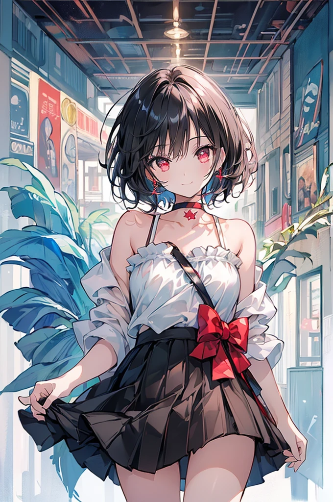 (masterpiece, highest quality, highest quality, (No text), Beautiful and aesthetic:1.2),No text,アニメ、BREAK,One Girl，Black Hair Girl　short hair　older sister　choker　Tree Eyes　Beautiful eyes　Red eyes　cool　smile　Red and Black　Off-the-shoulder mini skirt　whole body　In town