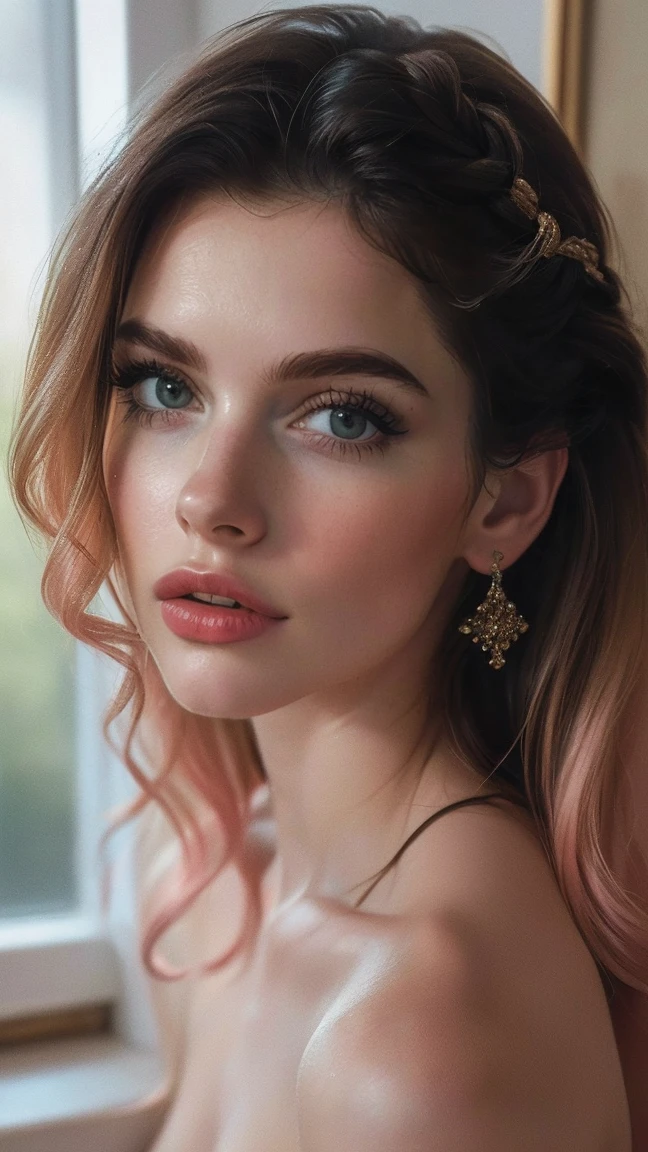 (((ultra realistic))) Photo, masterpiece, top quality, (pale skin), (Ultra detailed face and eyes:1.1), 1 girl, Adult, deep neckline, (Eye makeup, mascara) , ((large detailed lips)), ((pink wavy hair)), ((Chyolka)) , ((Natural breasts)). ((Posing)), photoshoot, studio ((contour light)), (The play of light and shadows), depth of field, bokeh, (special attention to skin detail: 1.2), (Light atmosphere of the frame, Pastel colors, Colours black), ((portrait, close to the camera)) , ultra detialed, 
