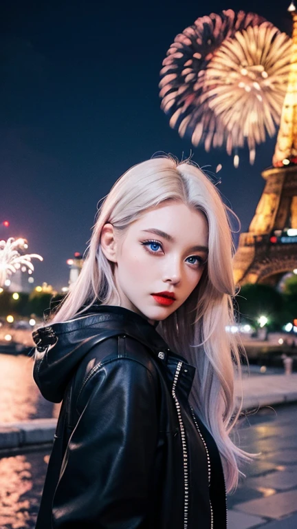 beautiful girl, French makeup, French Girl, blue eyes, Red lips, Platinum Hair, Sexy Streetwear, Eiffel Tower Background, fireworks.