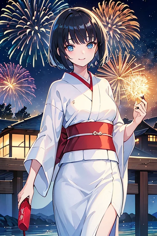 ((Highest quality)), ((masterpiece)), (Familiar), Illustration Style,Perfect Face,1 Girl,Black Hair,Short Hair,Glowing Skin,big, Bright Blue Eyes,Beautiful Bangs,Small breasts,Super Beauty,woman,16 years old,White yukata,Beautiful clothes,Height: 160cm,smile,night,firework