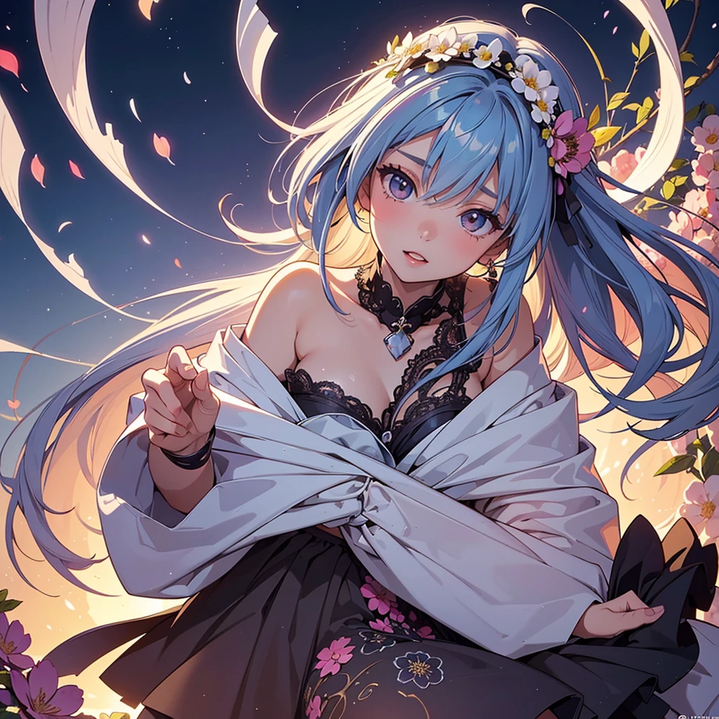 NSFW, sexy, erotic, An ultra-high-quality pop-art style illustration from a tilted top-down angle, showcasing a younger anime-style girl with chūnibyō in a Western-style Gothic Lolita outfit with more exposed skin in a vibrant and lush flower field. The illustration features a cute, younger girl in an extremely cool and stylish chūnibyō pose, with a luxurious and elegant flower crown. The entire scene is depicted from above at an angle, with extremely intricate details of wind and light effects. The scene emphasizes the celebration of new life, with an abundance of vividly colored flowers in a dramatic chūnibyō style, symbolizing new beginnings. The girl is surrounded by a crystalline textured blanket, reflecting light and enhancing the charm. The illustration captures the essence of joy and blessing, highlighting the delicate and splendid presence of life among richly and intricately depicted flowers, making the viewer feel the breath of life. The flowers are even more abundant and intricate, with a heightened emphasis on the birth and breath of life. The quality is unparalleled, showcasing every detail with stunning clarity and depth. The girl's pose is incredibly dynamic and cool, exuding a powerful chūnibyō vibe, seen from a tilted top-down angle.