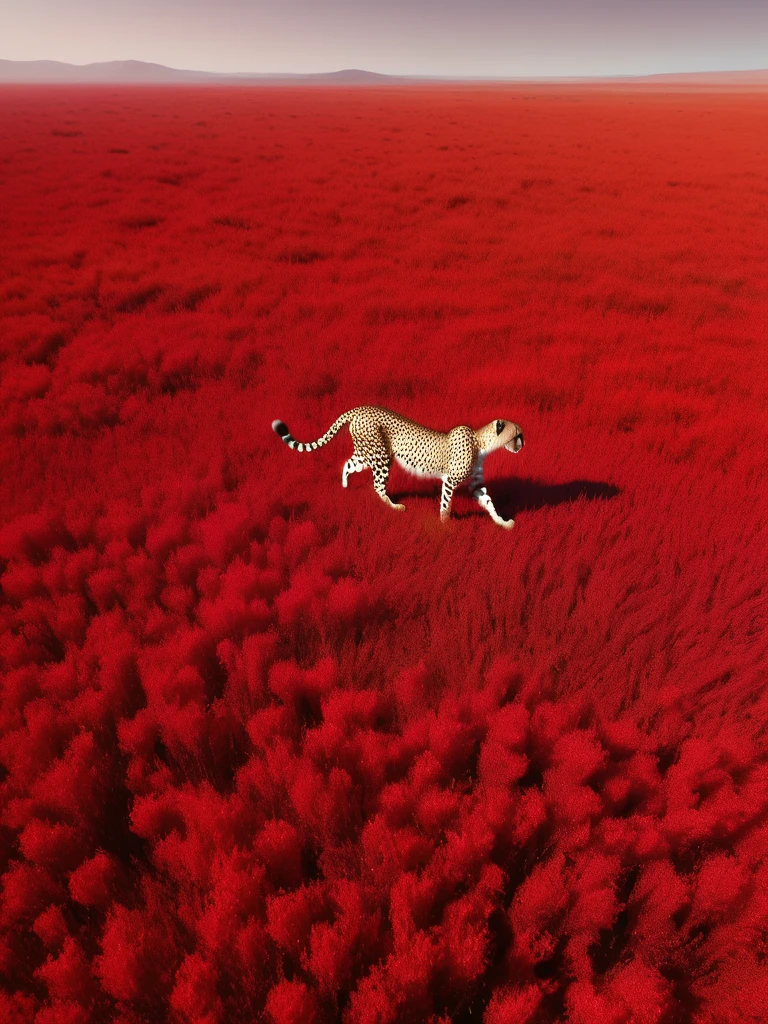 Red Theme,HD,32k,Composition:1.5.On the vast red grassland,1 cheetah,Top view