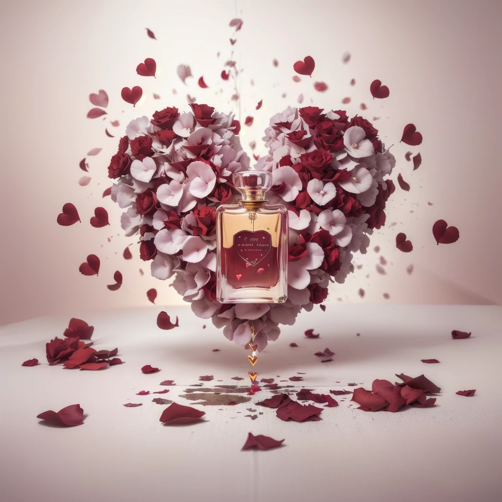 hanging perfume container spilling cascading red hearts transitioning with colorful rose petals to the floor, araffe heart shaped bottle of perfume with petals and hearts flying around, by Aleksander Kotsis, by Zofia Stryjenska, by Jakob Gauermann, by Arabella Rankin, by Emma Andijewska, by Anna Findlay, by Alfredo Volpi, by Mathias Kollros, by Gabriel Ba, by Anato Finnstark