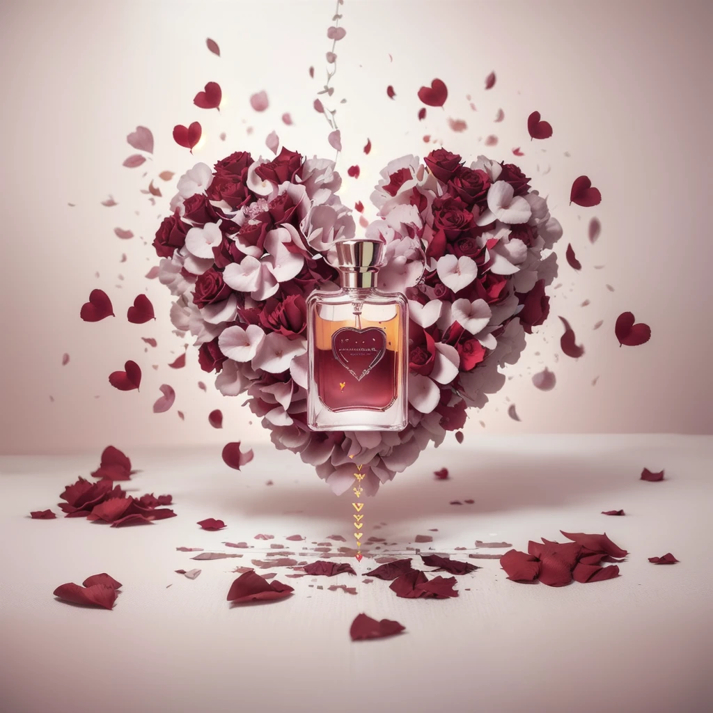 hanging perfume container spilling cascading red hearts transitioning with colorful rose petals to the floor, araffe heart shaped bottle of perfume with petals and hearts flying around, by Aleksander Kotsis, by Zofia Stryjenska, by Jakob Gauermann, by Arabella Rankin, by Emma Andijewska, by Anna Findlay, by Alfredo Volpi, by Mathias Kollros, by Gabriel Ba, by Anato Finnstark
