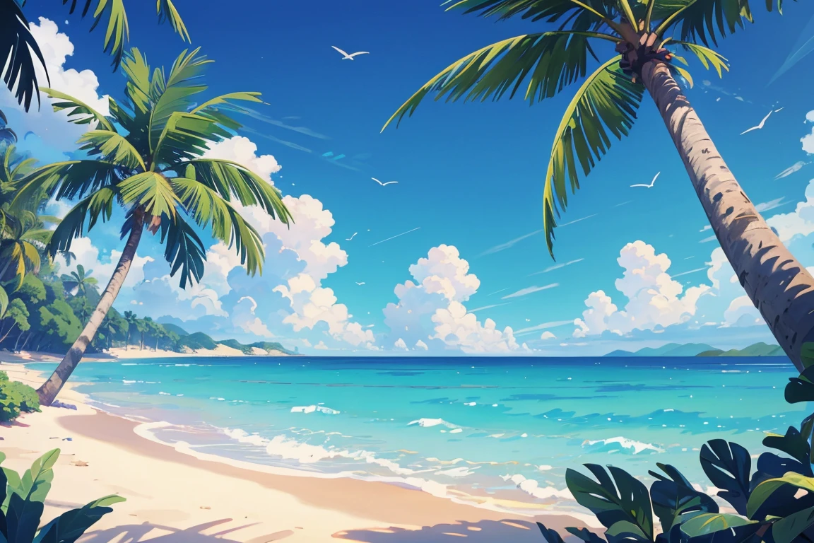 (illustrations : 1.0), Epic composition, photorealistic lighting, HD detail, masterpiece, Best quality at best, (Highly detailed CG integrated 8k wallpaper) , blue sky, blue ocean, The sea seen from the coastal forest, palm tree in the middle of the screen