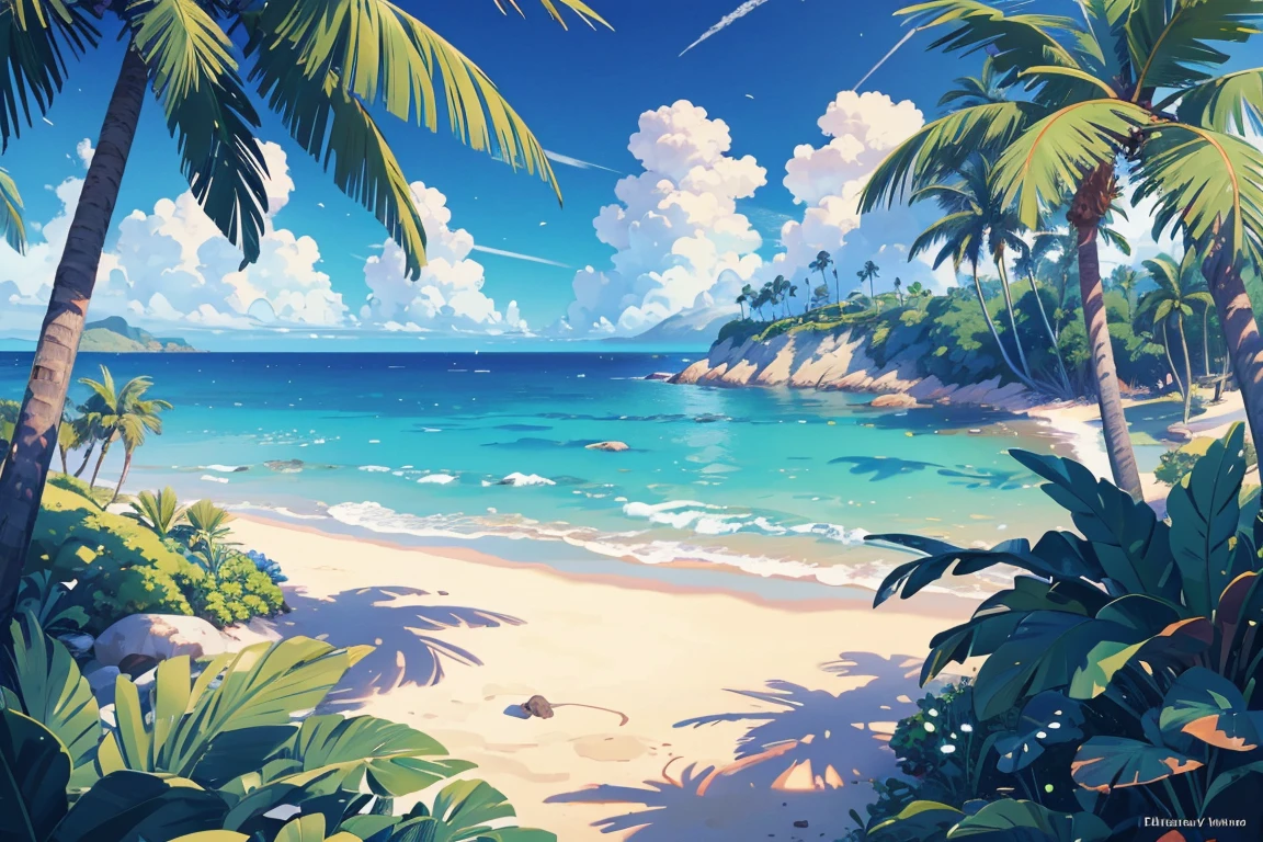 (illustrations : 1.0), Epic composition, photorealistic lighting, HD detail, masterpiece, Best quality at best, (Highly detailed CG integrated 8k wallpaper) , blue sky, blue ocean, The sea seen from the coastal forest, palm tree in the middle of the screen