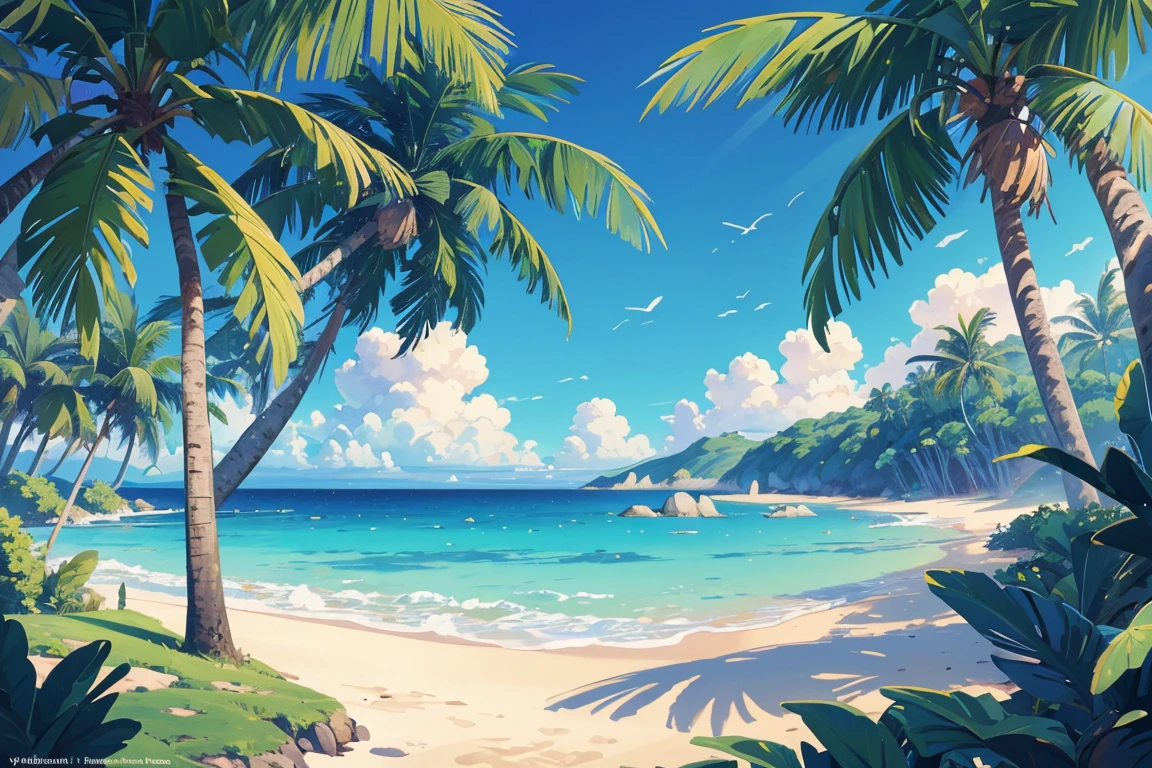 (illustrations : 1.0), Epic composition, photorealistic lighting, HD detail, ​masterpiece, Best quality at best, (Highly detailed CG integrated 8k wallpaper) , blue sky, blue ocean, The sea seen from the coastal forest, palm tree in the middle of the screen