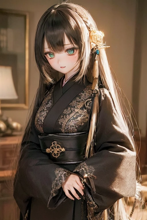 (SFW:2), photorealistic, realistic photo, ((highest quality)), ((masterpiece)), ((extremely detailed)), kukolnydom, doll, ( woman:1.6), solo, ((cowboy shot, seiza, skinny, slender, slim, furisode, obi, hair ornament)), green eyes, parted lips, (black hair, long hair, looking at anotheblank eyes, empty eyes, detailed eyes, detailed clothes:1.3), Japanese room, 8k