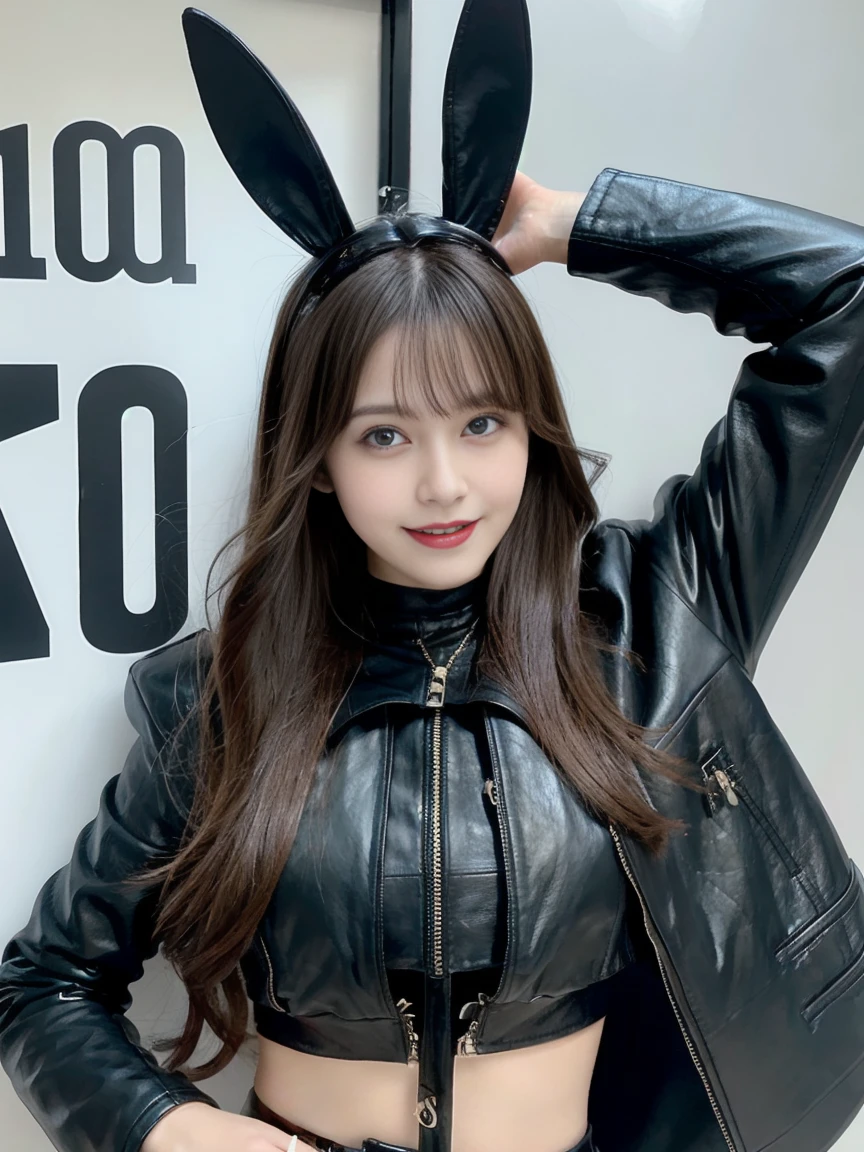 Create a portrait of a beautiful woman with medium brown hair, wearing black bunny ears and a black leather outfit. She is raising both arms up to the air in great joy.