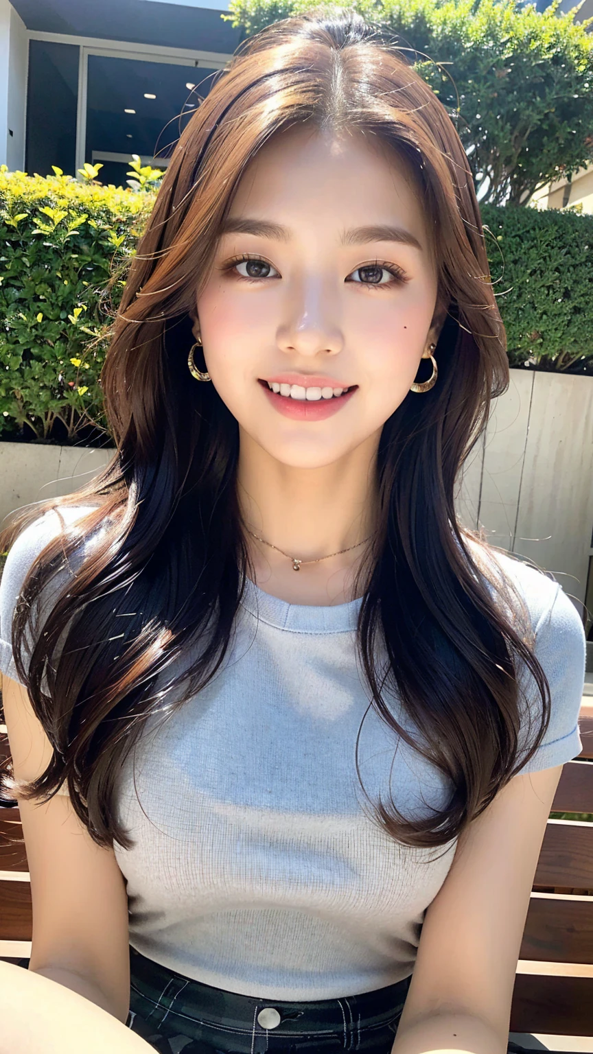 (8K), (best quality: 1.2), (realistic), (realistic: 1.37), ultra high resolution, 1 girl, cute, laugh, closed mouth, beautiful details, beautiful nose, wet hair, red lip,small earrings,huge two cells, pork, thighs,Self Snap,College student ,sunny day,I can see the sea,sitting on bench,cross one's legs,look down,from above,(Simple light brown blazer 1),(dark brown pleated skirt),(dark red bow tie),(The pattern of the skirt and tie is a tartan check pattern....:1.3),濡れたthighs,Knee High Tights,(thighsにクローズアップ1)