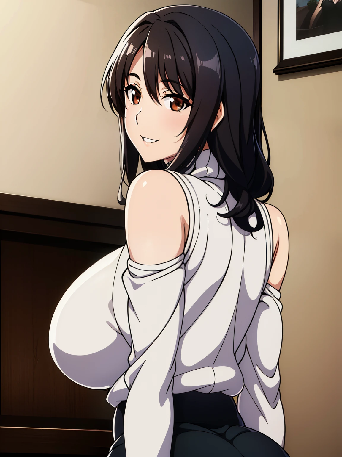 (超High resolution,4K,Very detailed, photograph, 8K, High resolution, High resolution, Absurd:1.2),35-year-old Japanese woman,Mature Body,expensive,(Long black hair:1.4),Beautiful character design,Beautifully detailed eye depiction,Perfect Face,Expressive eyes,Brown eyes,(Smiling with teeth showing:1.4),(White turtleneck sweater, No sleeve,Tight knit skirt:1.2),(Huge breasts:1.2),Tight waist,In the living room,Daytime,(upper body,looking back)