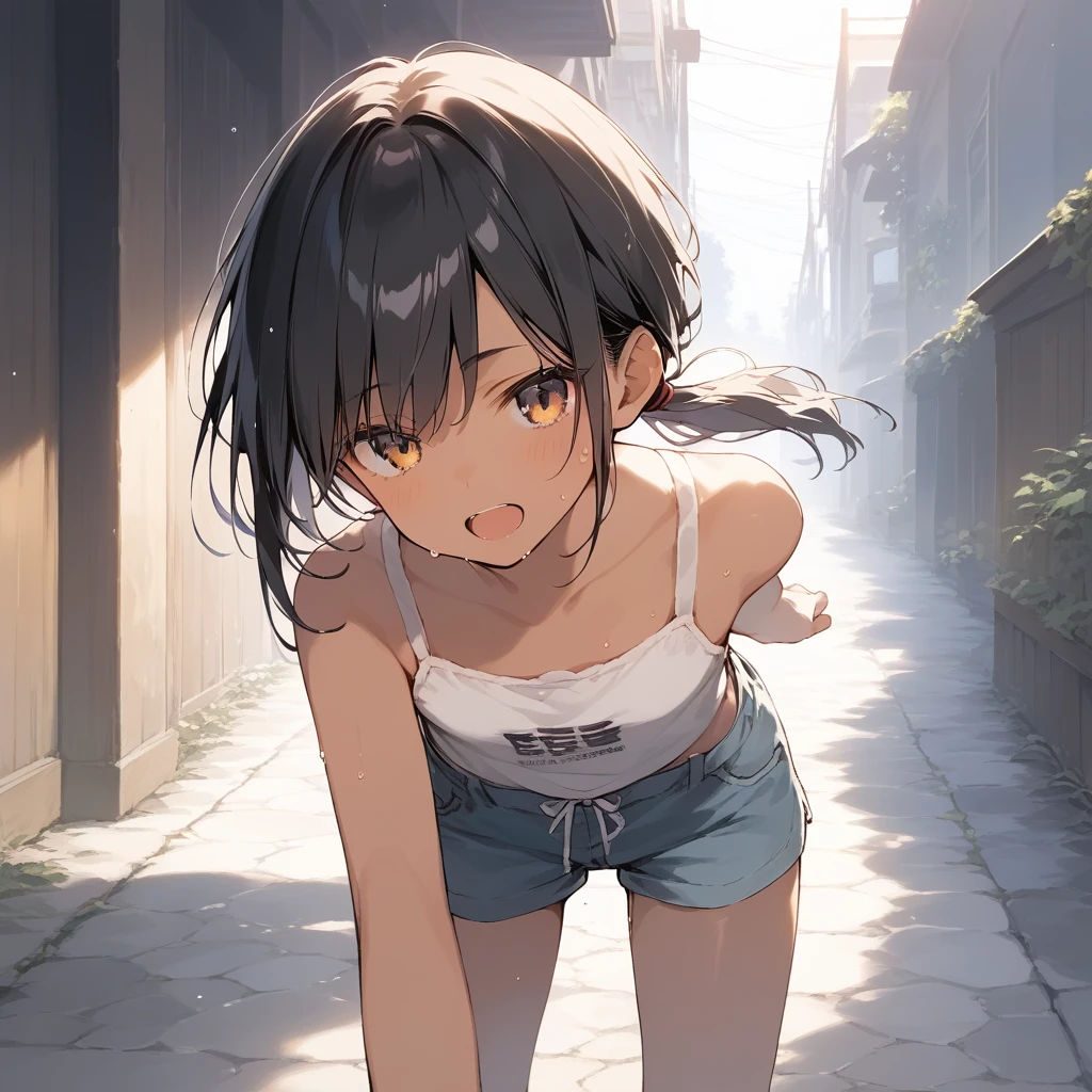 score_9, score_8_up, score_7_up, source_anime, best quality, masterpiece, official art, absurdres, highres, ultra-detailed,waifu2x,Collection: Slice of Life,break,1girl, tomboy, dark-skinned female, short hair, low ponytail, flat chest, beautiful detailed eyes, short shorts, sweat, open mouth, (yawn:0.3), sleepily, outdoors, wind, break,(clear line illustration:1.2),very high resolution, very aesthetic, super detailed skin, Best sexual lighting powered by famous artist, 8k,cute picture,beauty illustration,photoshop_(medium),,(Detailed Lighting),best anime 8k konachan wallpaper, pixiv contest winner,