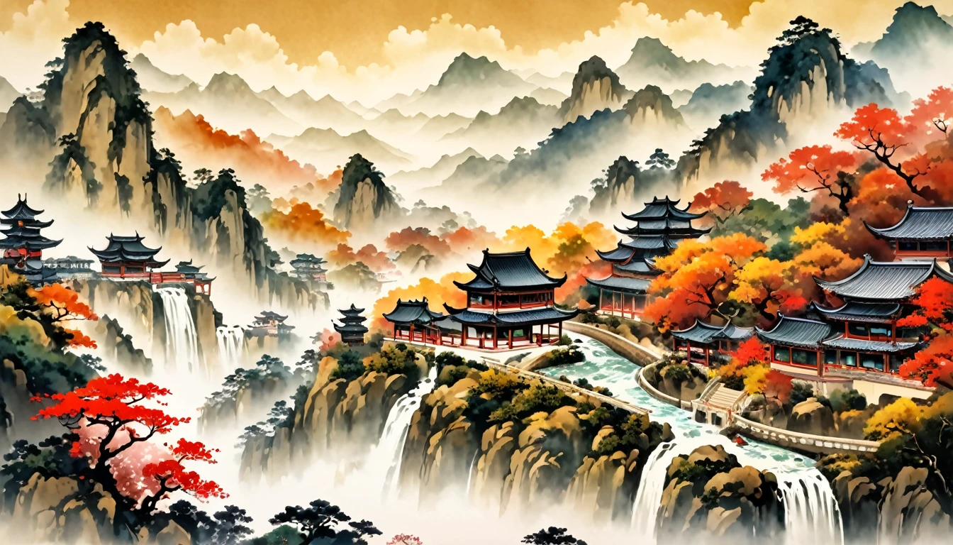 rendering by chinese ink painting, landscape, perfect Mystical artwork, colorful, Gorgeous,Magnificent,Splendid,Dazzling,Opulent,Luxurious,Exquisite,Sumptuous,Grandiose,Regal