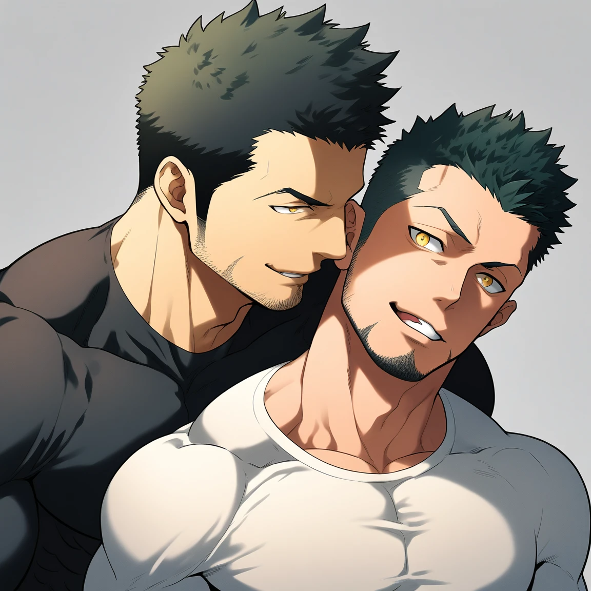 anime characters：Two superheroes in tights, Priapus and the faceless muscular monk, negro black skin, They hugged and kissed each other, Bite your neck, Caress, Manliness, male focus, Yellow and black high collar long sleeve tight T-shirt, Slightly transparent material, Very tight, Round, full and perky chest muscles, Muscle waist, Slightly transparent, muscular male, muscular, only, Upper body, alone, Black short hair, Thick eyebrows, stubble, Yellow eyes, Grey background, simple background, amazing quality, best aesthetics, Ridiculous, bright pupils, crew cut, parted lips, seductive smile, torogao, naughty face, drop shadow, best quality