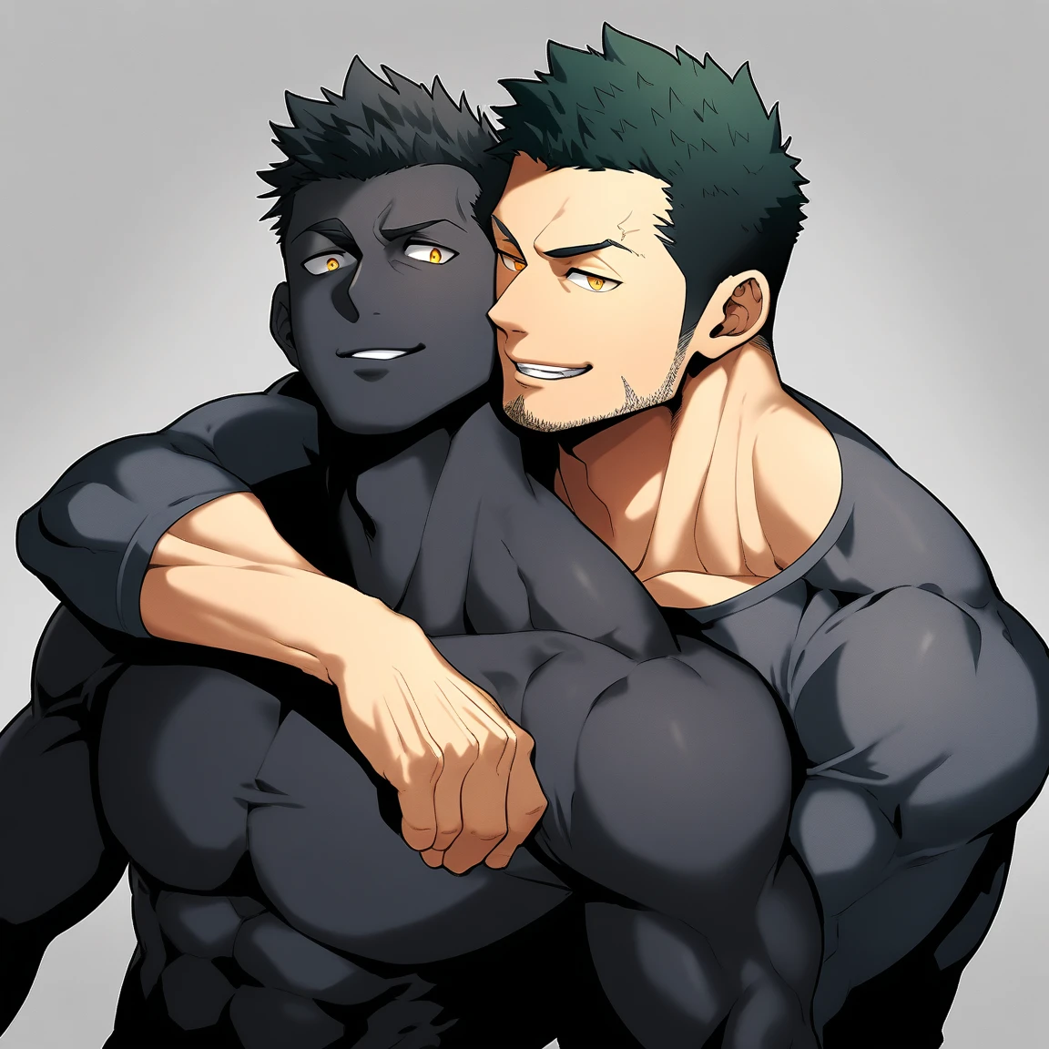 anime characters:Two superheroes in tights, Priapus and the faceless muscular monk, negro black skin, They hugged and kissed each other, Bite your neck, Caress, Manliness, male focus, Yellow and black high collar long sleeve tight T-shirt, Slightly transparent material, Very tight, Round, full and perky chest muscles, Muscle waist, Slightly transparent, muscular male, muscular, only, Upper body, alone, Black short hair, Thick eyebrows, stubble, Yellow eyes, Grey background, simple background, amazing quality, best aesthetics, Ridiculous, bright pupils, crew cut, parted lips, seductive smile, torogao, naughty face, drop shadow, best quality