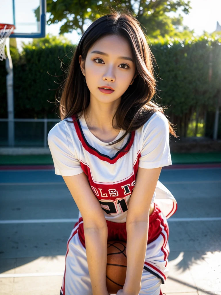 (8K、top-quality、​masterpiece:1.2)、(realisitic、Photorealsitic:1.37)、ultra-detailliert、top-quality、超A high resolution、From head to thigh、professionally lit、Cinematic lighting,a park、A path lined with flourishing cherry blossom trees、depth of fields,Focusing,Sun'rays,Good composition,(Bokeh:1.2),女の子1人,(full body Esbian),(A smile),Beautiful eyes,the pose,Triangular sitting、Constriction,Basketball Uniforms,Cropped tank top,poneyTail,(ulzzang-6500:1.2) mix4, hiqcgbody