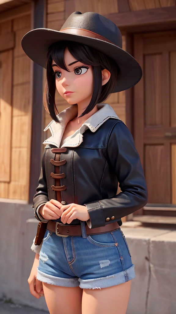 create for me an image of country singer Ana Castela from the front, very pretty, with an 8k hat, black hair and a thin face and dressed as a cowboy, she must be alone in the image and looking straight ahead, straight and with a leather hat