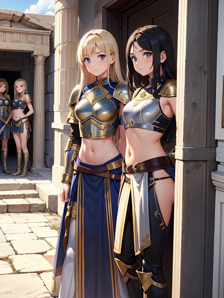 a beautiful Greek warriors girls standing guard at a door, Greek warrior, 3 girls , small breast , young girls, teenage girls, twelve year old girls ,brown skin, ancient Greece, classical Greece, black armor ,slim body, defined abdomen , warrior woman, light armor, blonde hair ,

