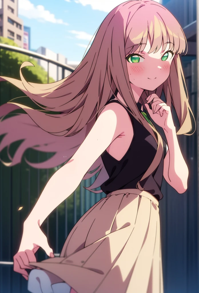 minami yume ,sss Dynazenon ,Long Hair, Brown Hair, (Green Eyes:1.5) ,blush,smile,hair band,Sleeveless shirt,Long skirt,short boots,Daytime,Clear skies,Walking,whole bodyがイラストに入るように,　　　　　　　　　break　looking at viewer, whole body,(Cowboy Shot:1. 5) ,　　　　　　　　　　　　　　　　　break outdoors ,Building district,　　　　　　　　　　　　break (masterpiece:1.2), Highest quality, High resolution, unity 8k wallpaper, (shape:0.8), (Beautiful and beautiful eyes:1.6), Highly detailed face, Perfect lighting, Extremely detailed CG, (Perfect hands, Perfect Anatomy),