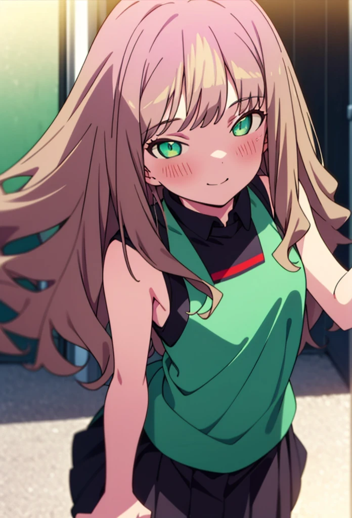 minami yume ,sss Dynazenon ,Long Hair, Brown Hair, (Green Eyes:1.5) ,blush,smile,hair band,Sleeveless shirt,Long skirt,short boots,Daytime,Clear skies,Walking,whole bodyがイラストに入るように, break looking at viewer, whole body,(Cowboy Shot:1. 5) , break outdoors ,Building district, break (masterpiece:1.2), Highest quality, High resolution, unity 8k wallpaper, (shape:0.8), (Beautiful and beautiful eyes:1.6), Highly detailed face, Perfect lighting, Extremely detailed CG, (Perfect hands, Perfect Anatomy),