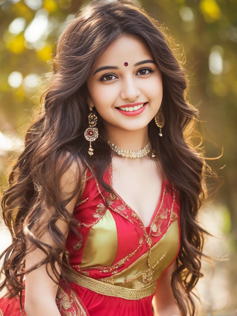 ultra high detailed, an indian girl, cute smile realistic face, happy, long hair, impressive hairstyle, detailed eyes, detailed lips, indian clothes,pre draped red top dress lace, wearing jewellery, nature and background, photo studio bokeh, clear weather, whole body capture,noch slim image long