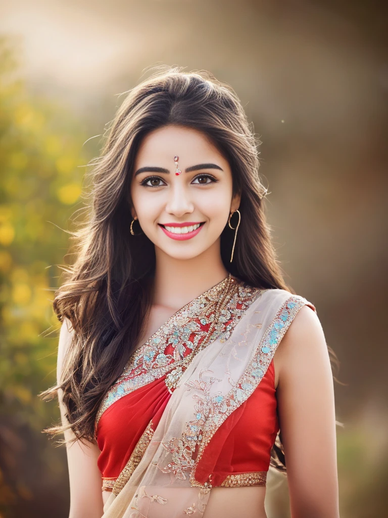 ultra high detailed, an indian girl, cute smile realistic face, happy, long hair, impressive hairstyle, detailed eyes, detailed lips, indian clothes,pre draped red top dress lace, wearing jewellery, nature and background, photo studio bokeh, clear weather, whole body capture,noch slim image long