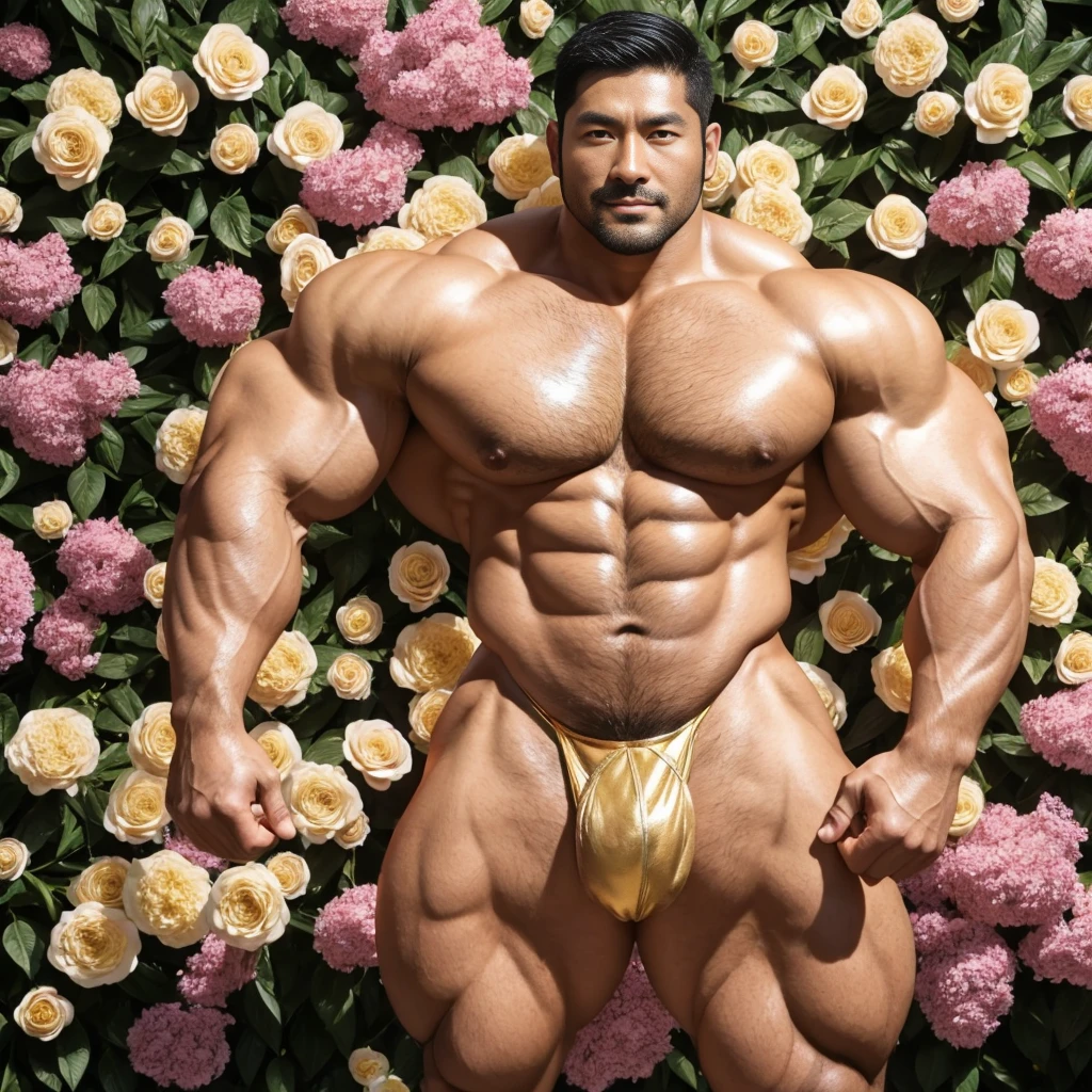 There is only one handsome Asian actor in the photo,35 years old,High target, Fitness,short hair, O-Shaped Beard,Perfect body, Dark skin color,Radiant Skin,Smooth skin,Shiny, shiny skin,Smooth pectoral muscles,No chest hair,No body hair,Muscle bulge, muscular, Very large pectoral muscles,Very sexy abdominal muscles,Very well-developed leg muscles,Huge concave and convex area,Brightens oily skin,Wearing a gold leather shiny thong,Handsome face, Correct and accurate male body proportions, Wear black socks,Put your hands behind your back,Stand among the flowers,Flowers bloom all around。