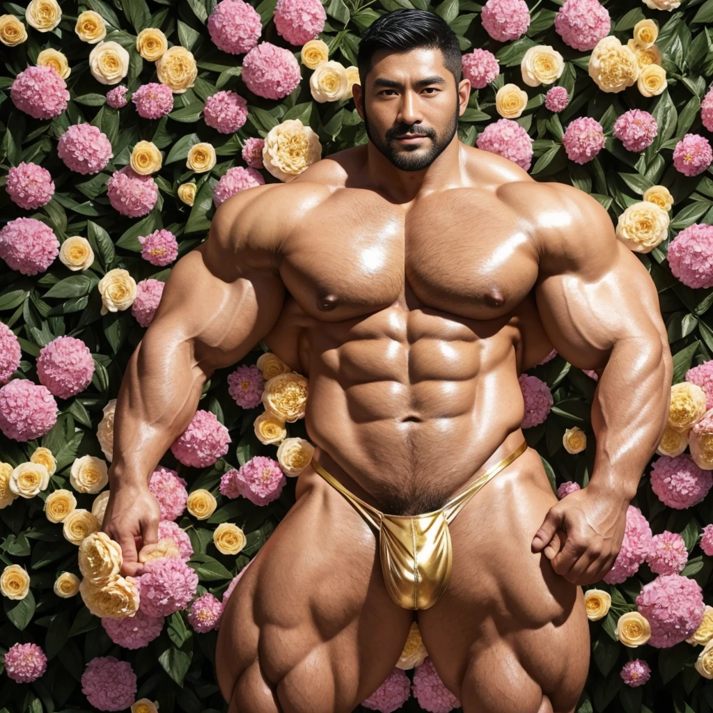 There is only one handsome Asian actor in the photo,35 years old,High target, Fitness,short hair, O-Shaped Beard,Perfect body, Dark skin color,Radiant Skin,Smooth skin,Shiny, shiny skin,Smooth pectoral muscles,No chest hair,No body hair,Muscle bulge, muscular, Very large pectoral muscles,Very sexy abdominal muscles,Very well-developed leg muscles,Huge concave and convex area,Brightens oily skin,Wearing a gold leather shiny thong,Handsome face, Correct and accurate male body proportions, Wear black socks,Put your hands behind your back,Stand among the flowers,Flowers bloom all around。