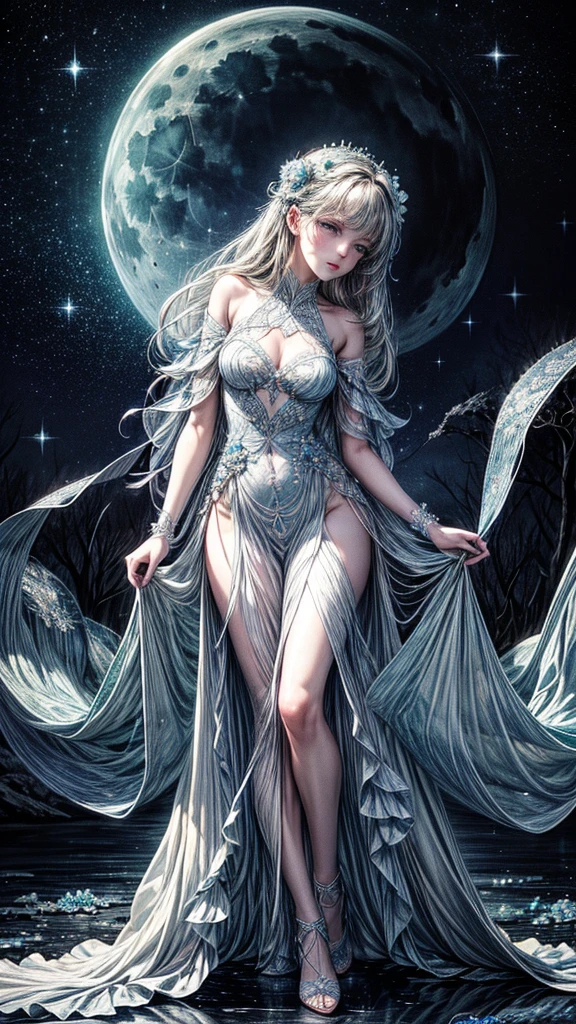 cara detallada, well-defined beautiful girl close-up, full body, slight smile, filigree, ultra highly detailed, mannerism, surrealism digital painting, by Marc Todd, Nicoletta Ceccoli, Ray Caesar, WLOP, close up half water transparent luminous nymph half blue rose, swirling blue rose vines, trees big blue closed rose flowers, moon, moonlight, detailed night sky with stars and clouds, lavish green leaves, garden, blossoming, stars, sparks, Van Gogh starry sky, celestial glowing, glowing aura, mystical, water drops, highly detailed, intricated, intricated pose, complex background, oil painting, thick strokes, mannerism, vibrant colors, masterpiece, high quality, 32k, best quality, vestido transparente sexi, senos pequeños, panti transparente, ojos dorados, pose sensual, pesones rosados, mostrando vagina, dama semi desnuda, full
body