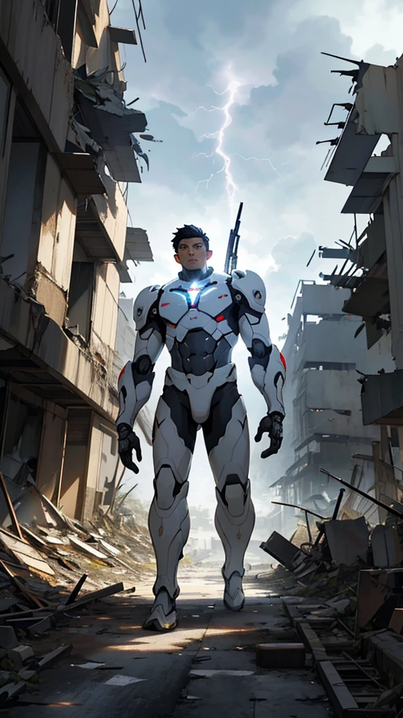 An Indonesian man with short hair, wearing a white mecha suit, walks holding a rifle amidst war-torn ruins filled with lightning. This photo's creativity captivates by blending traditional and futuristic elements, creating a striking and meaningful visual.