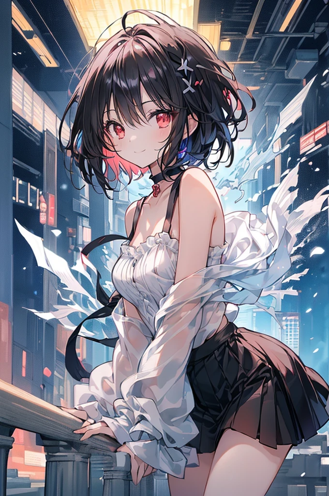 (masterpiece, highest quality, highest quality, (No text), Beautiful and aesthetic:1.2),No text,アニメ、BREAK,One Girl,Black Hair Girl short hair older sister choker Tree Eyes Beautiful eyes Red eyes cool smile Red and Black Shoulder Black clothing mini skirt whole body In town