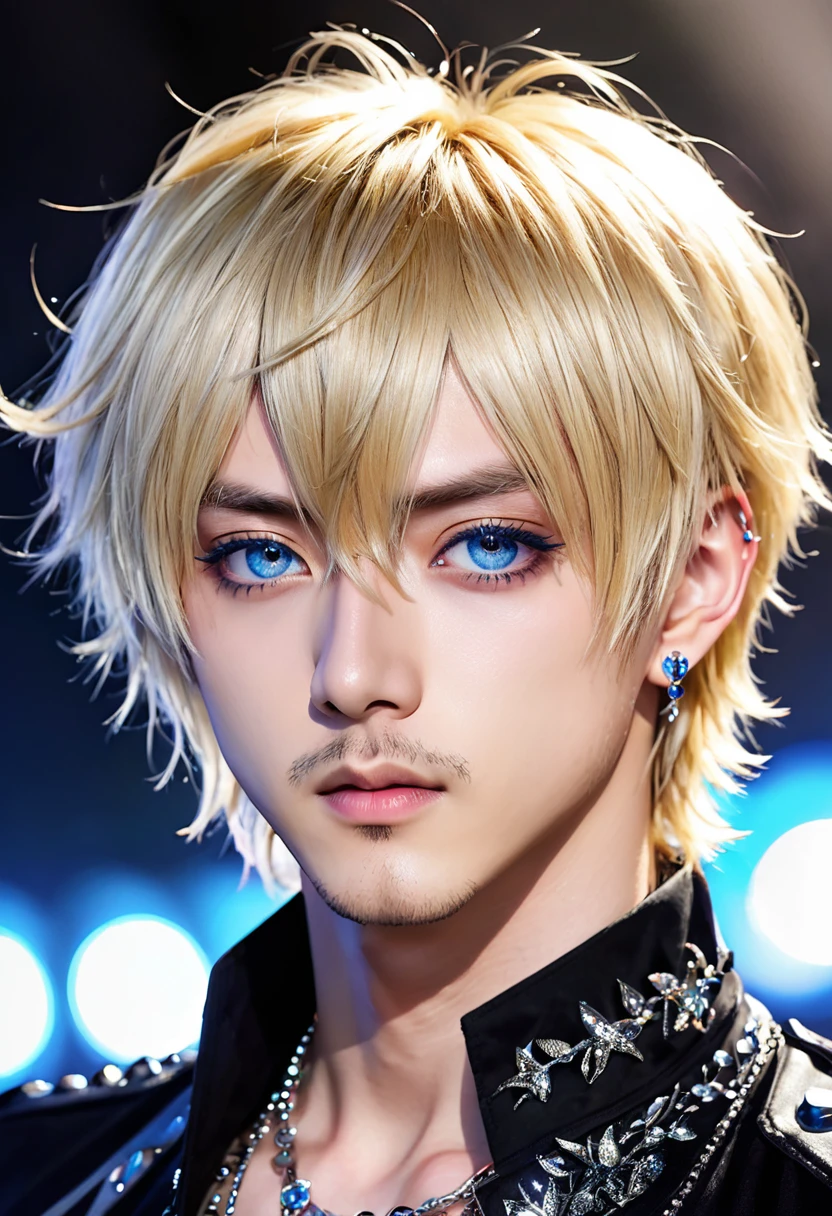 Ultra-high resolution,(Realistic:1.4), ((Highest quality)), ((masterpiece)), Blonde,Short Hair、Flowing bangs、blue eyes,Cool guy,Musician、Close-up、adultの歳,Short bangs,Cool piercings,Sparkling、Sidelong glance、Alluring、adult、looks strong、Visual Kei、Handsome、HYDE、Droopy eyes、Singing、Charisma
