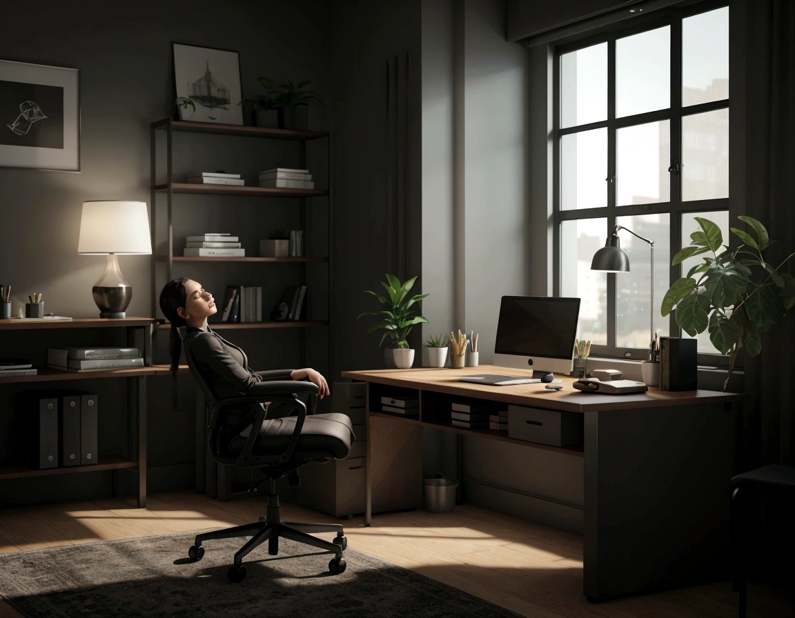 there is a desk with a laptop and a chair in a room, home office interior, home office, photorealistic cinematic render, render in unreal engine 5, unreal 5 engine render, functional and elegant look, unreal 5 engine rendered, unreal engine realistic render, unreal engine 5 quality render, unreal engine 5 highly rendered, office furniture, backrooms office space. create and insert a cyborg human sitting in the chair in the image, the setting of this image must remain the same