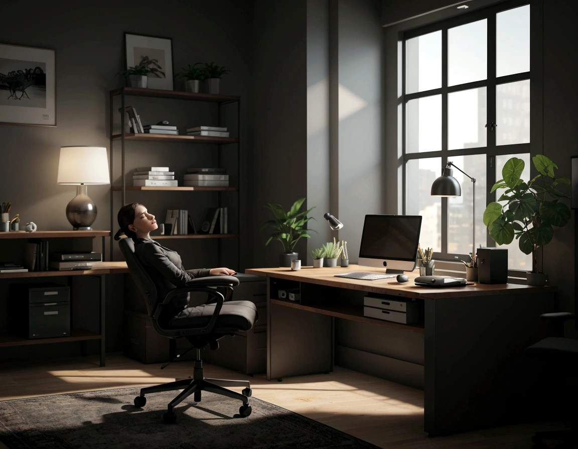 there is a desk with a laptop and a chair in a room, home office interior, home office, photorealistic cinematic render, render in unreal engine 5, unreal 5 engine render, functional and elegant look, unreal 5 engine rendered, unreal engine realistic render, unreal engine 5 quality render, unreal engine 5 highly rendered, office furniture, backrooms office space. create and insert a cyborg human sitting in the chair in the image, the setting of this image must remain the same