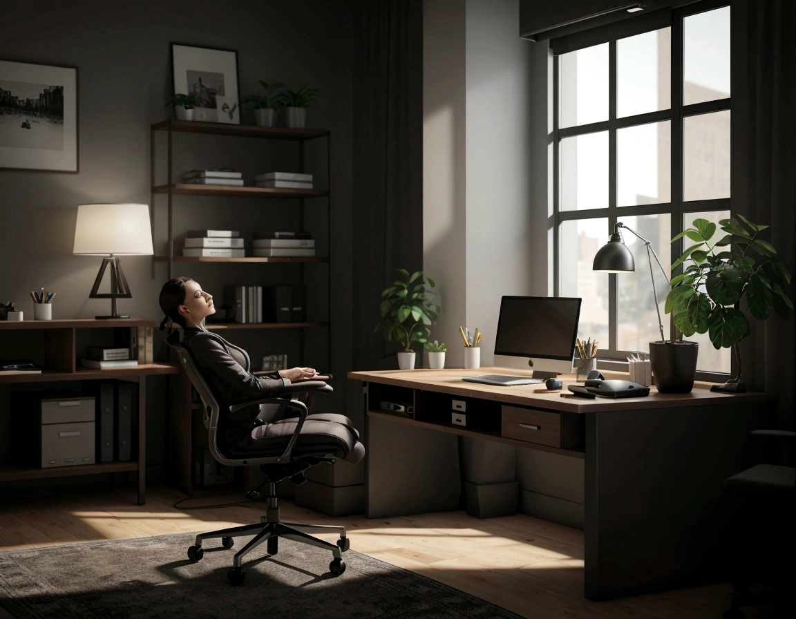there is a desk with a laptop and a chair in a room, home office interior, home office, photorealistic cinematic render, render in unreal engine 5, unreal 5 engine render, functional and elegant look, unreal 5 engine rendered, unreal engine realistic render, unreal engine 5 quality render, unreal engine 5 highly rendered, office furniture, backrooms office space. create and insert a cyborg human sitting in the chair in the image, the setting of this image must remain the same