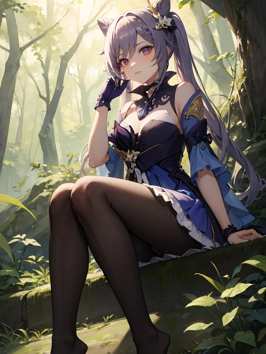 masterpiece, Highest quality, Stingy, Genshin Impact, The best of art, Default attire, detailed, High resolution,in the forest,Sitting,black tights,Show the soles of your feet